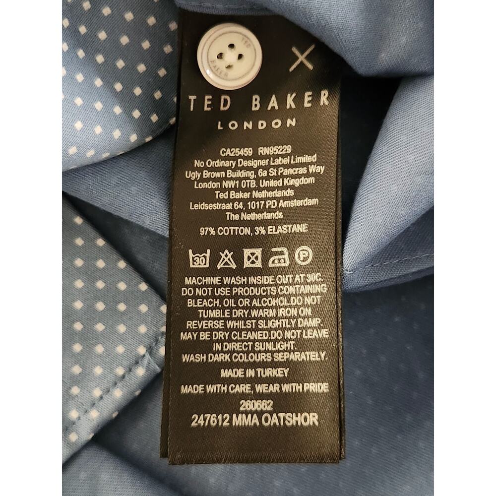 Ted Baker Short Sleeve Blue White Polka Dot Button Up Shirt Stretch Casual Sz 4 - Picture 5 of 8